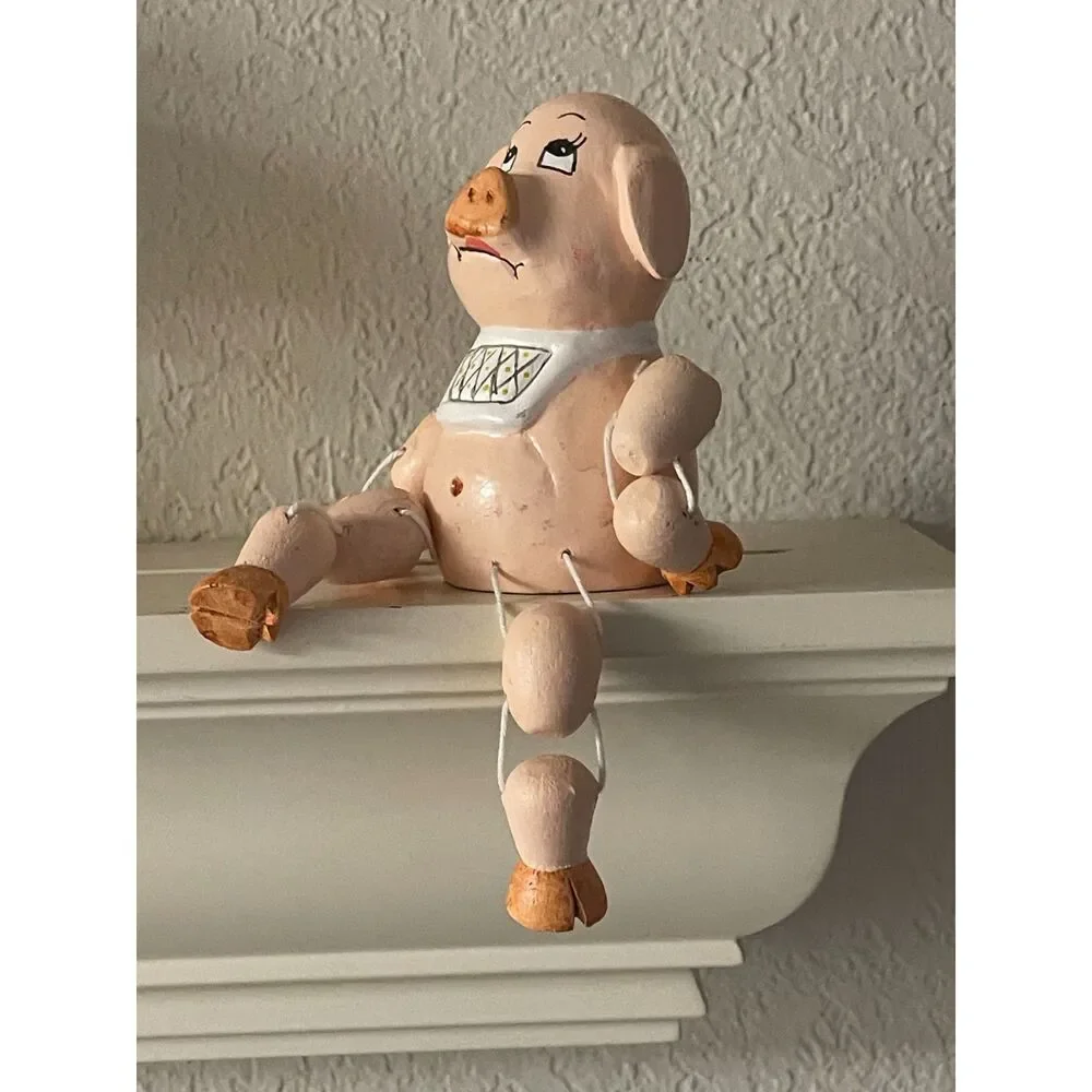 Vintage Handpainted Wood Pig Shelf Sitter Figurine~Signed Woodful ~ Farmhouse